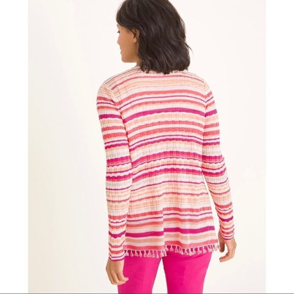 Chico’s Pink Wave Stripe Tassel Boho Open Front Cardigan Size XXL - Picture 3 of 12